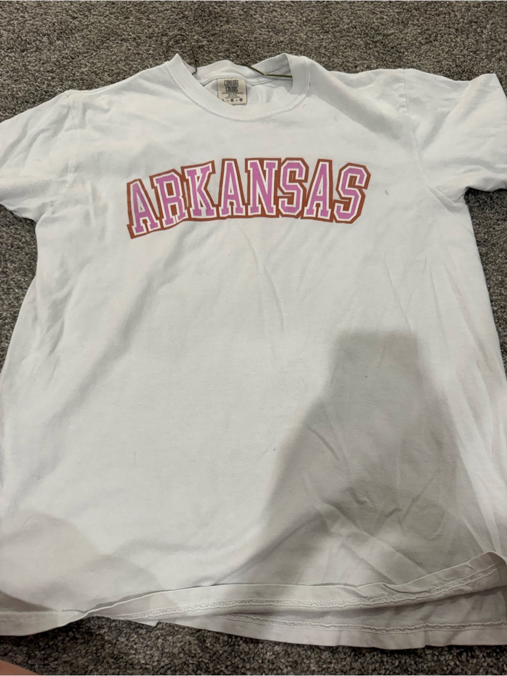 Arkansas White Graphic Tee with Pink Lettering